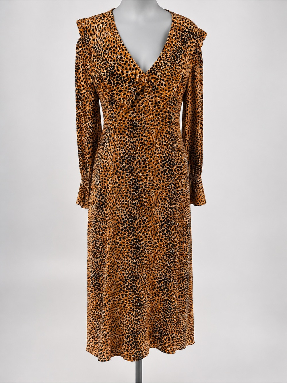 GANNI Leopard Print Dress Size 40 Orange Black Long Sleeve Ruffle Midi 6382